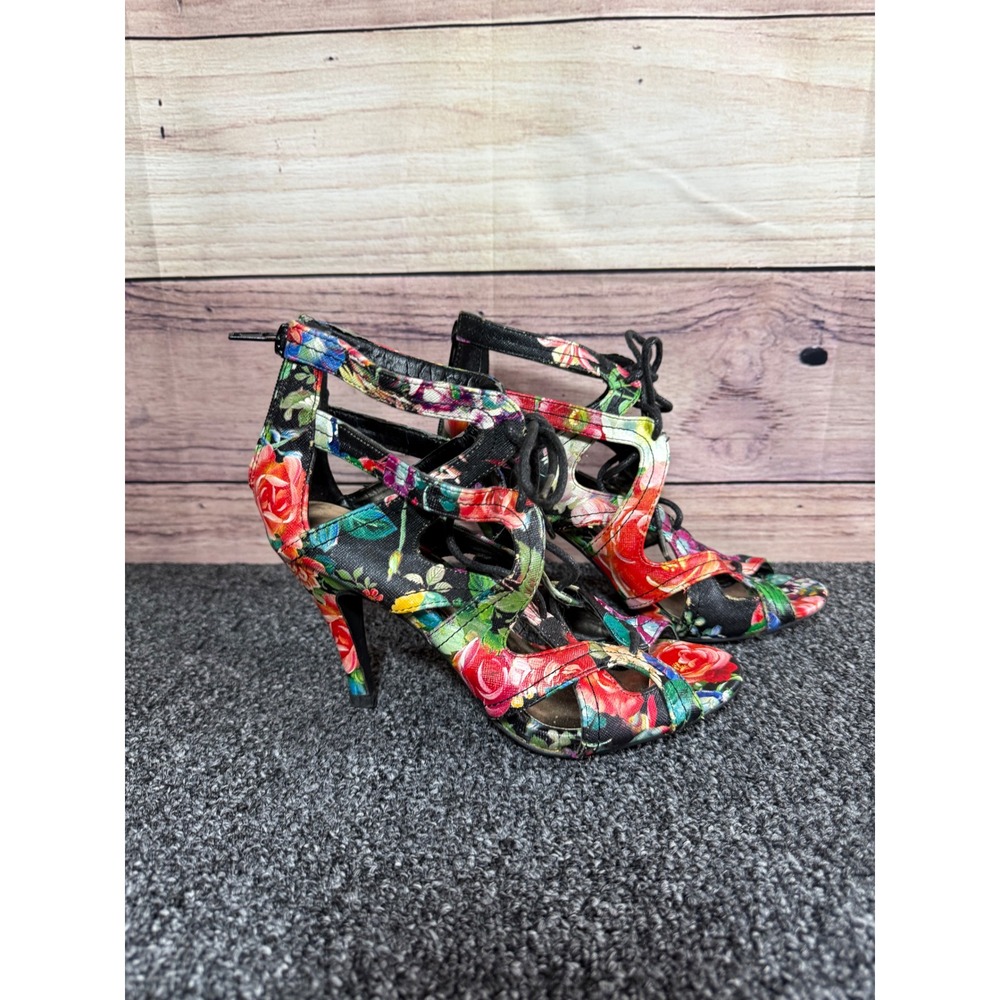 Madden Girl Floral Lace Up Cage Heels Multi Color Strappy Stiletto Sandals